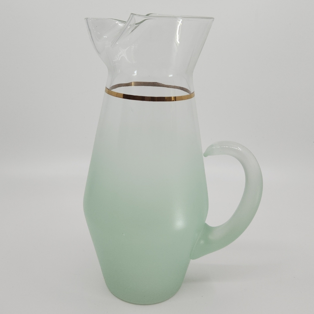 Vtg MCM West Virginia Blendo Glass Ice Lip Pitcher Frosted Green Gold Trim 9.5"